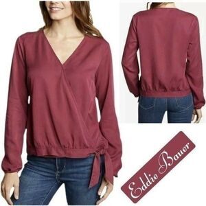 Eddie Bauer - Women's Tranquil Tie Wrap Top Blouse Long Sleeved- Ruby, Medium